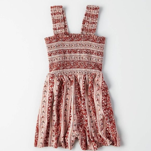 American Eagle Womens' Romper Wide Scrunch Strap Red Floral Striped - Picture 3 of 9